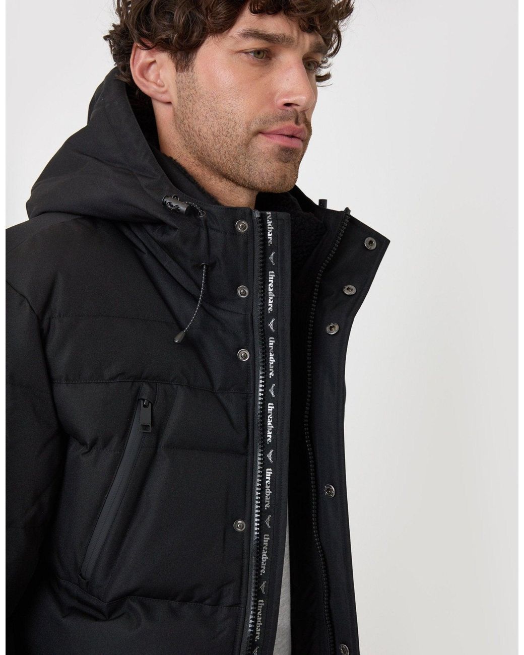 Threadbare Black Showerproof Hooded Puffer Coat With Borg Lined Hood for men