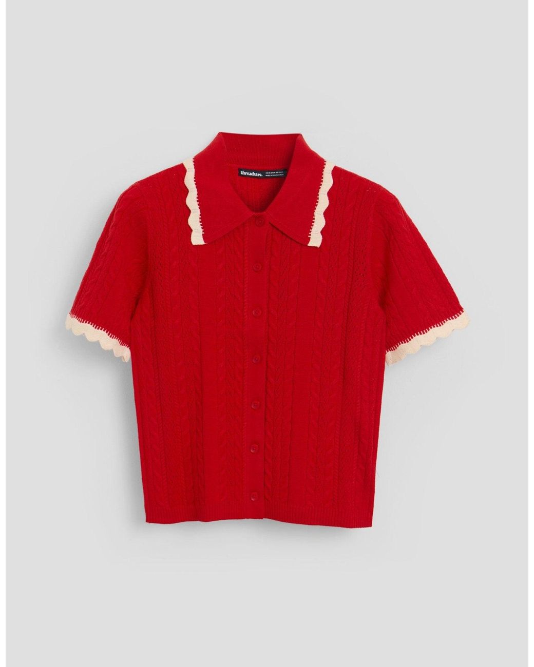 Threadbare Red Cable Knit Scallop Trim Polo