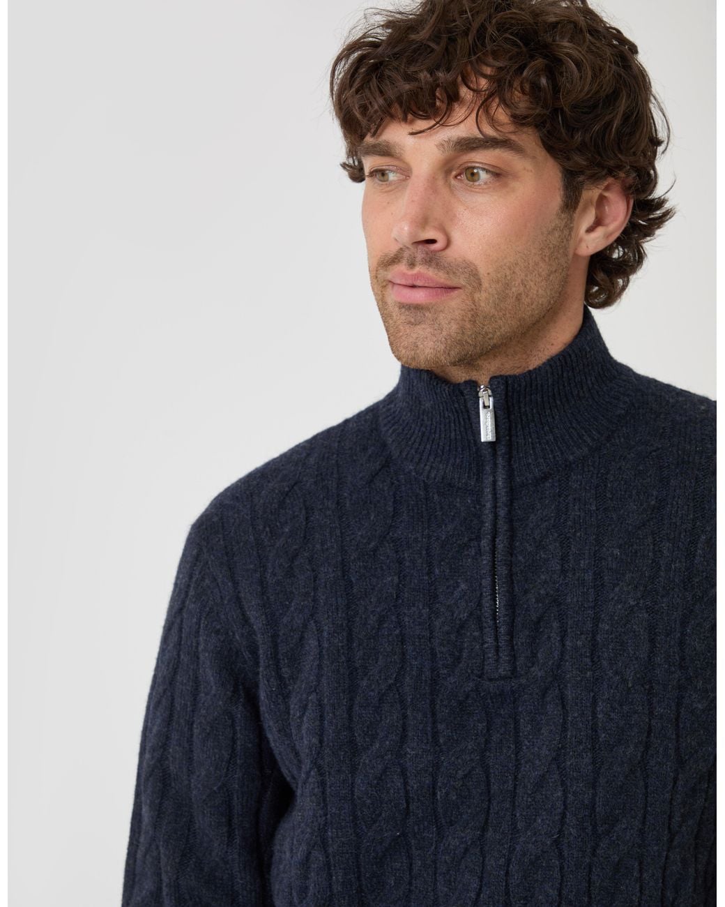 Threadbare Blue Cable Knit Quarter Zip Jumper for men