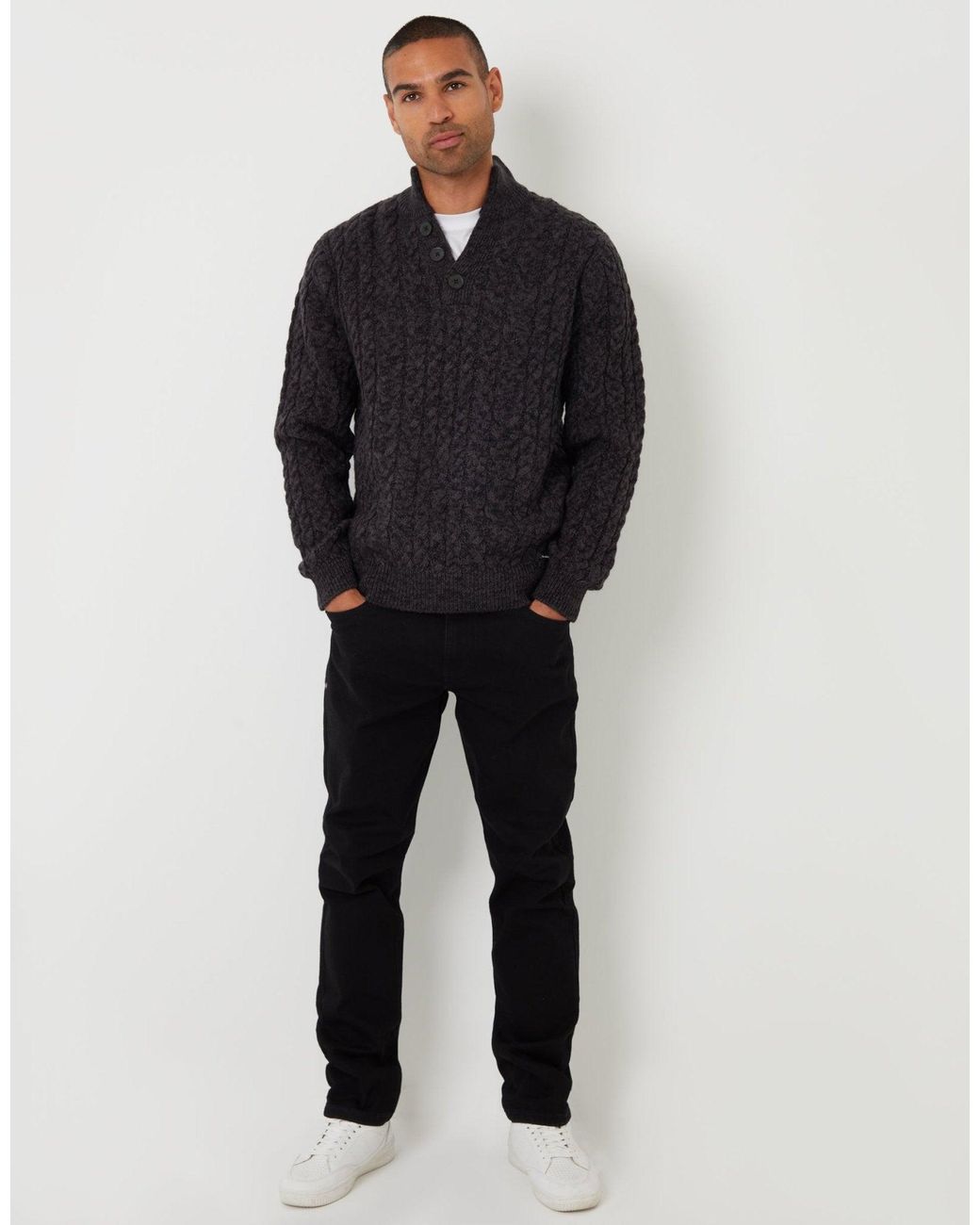 Threadbare Black Funnel Neck Cable Knit Jumper for men