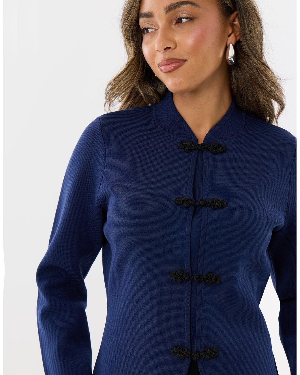 Threadbare Blue Curved Hem Mandarin Style Cardigan