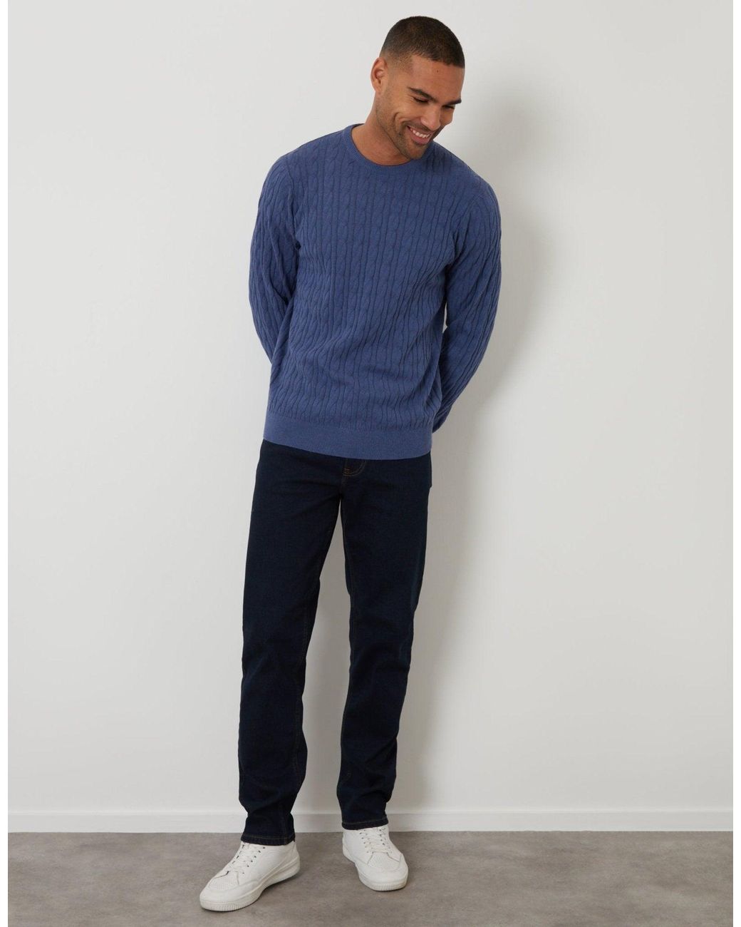 Threadbare Blue Cable Knit Crew Neck Jumper for men