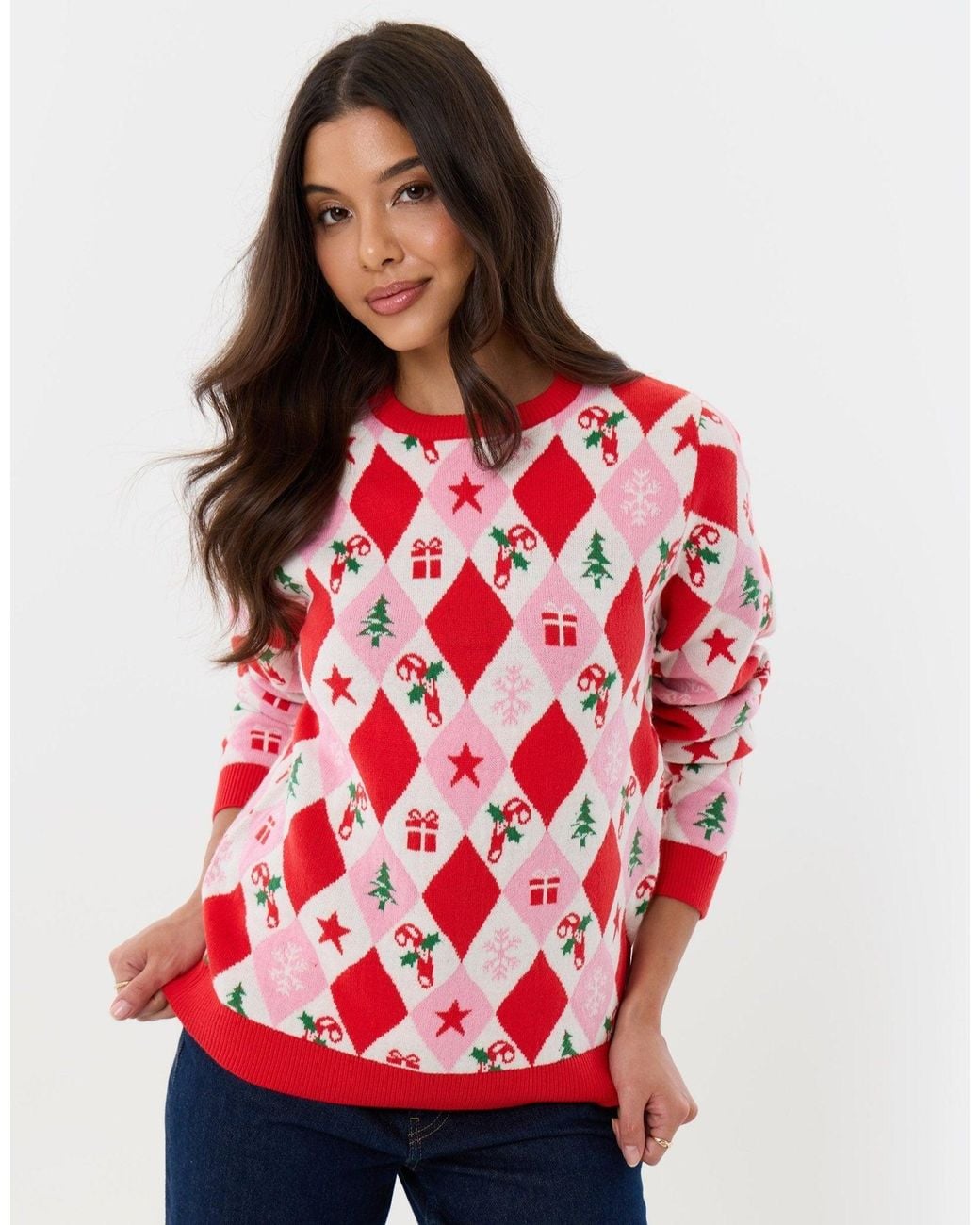 Threadbare Red Festive Argyle Knitted Christmas Jumper