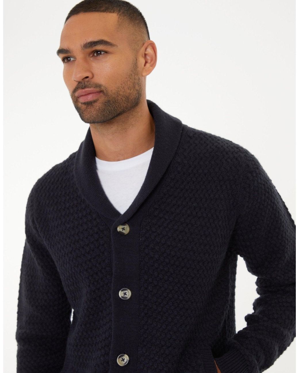 Threadbare Blue Knitted Shawl Cardigan for men