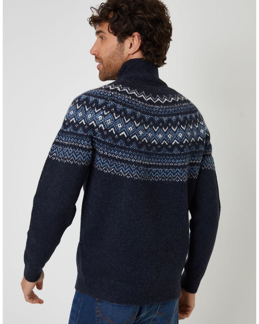 Threadbare Blue Fairisle Quarter Zip Knitted Jumper for men