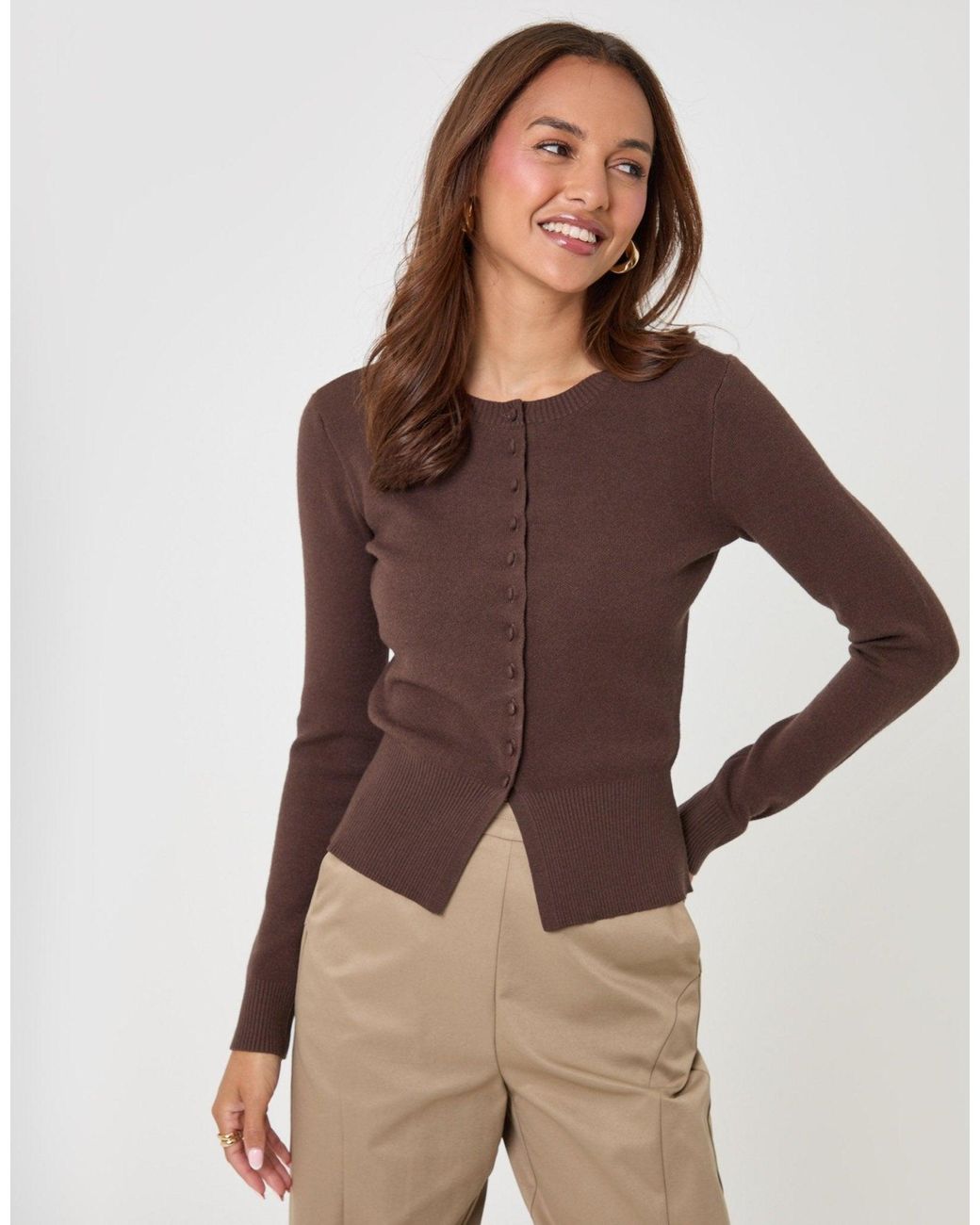 Threadbare Brown Crew Neck Compact Knitted Cardigan