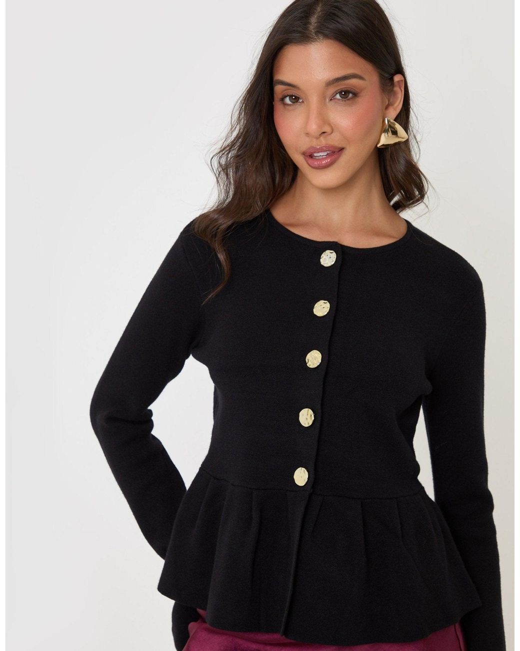 Threadbare Black Crew Neck Peplum Cardigan