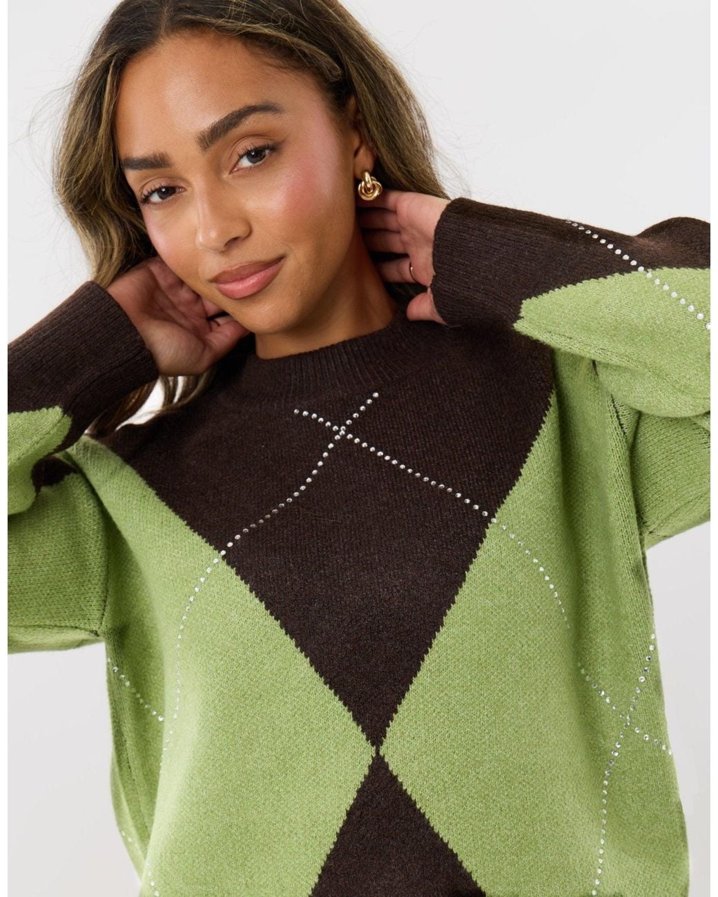 Threadbare Green Diamanté Embellished Argyle Knitted Jumper