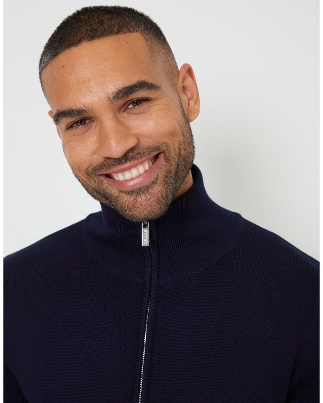 Threadbare Blue Zip-Through Funnel Neck Knitted Cardigan for men