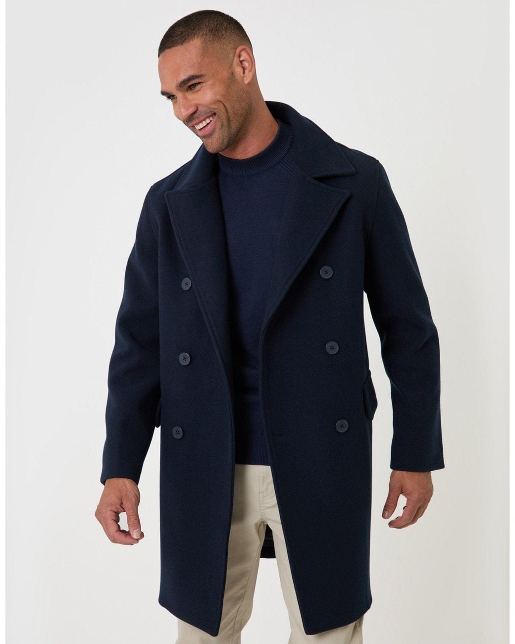 Threadbare Blue Faux Wool Double Breasted Trench Coat for men