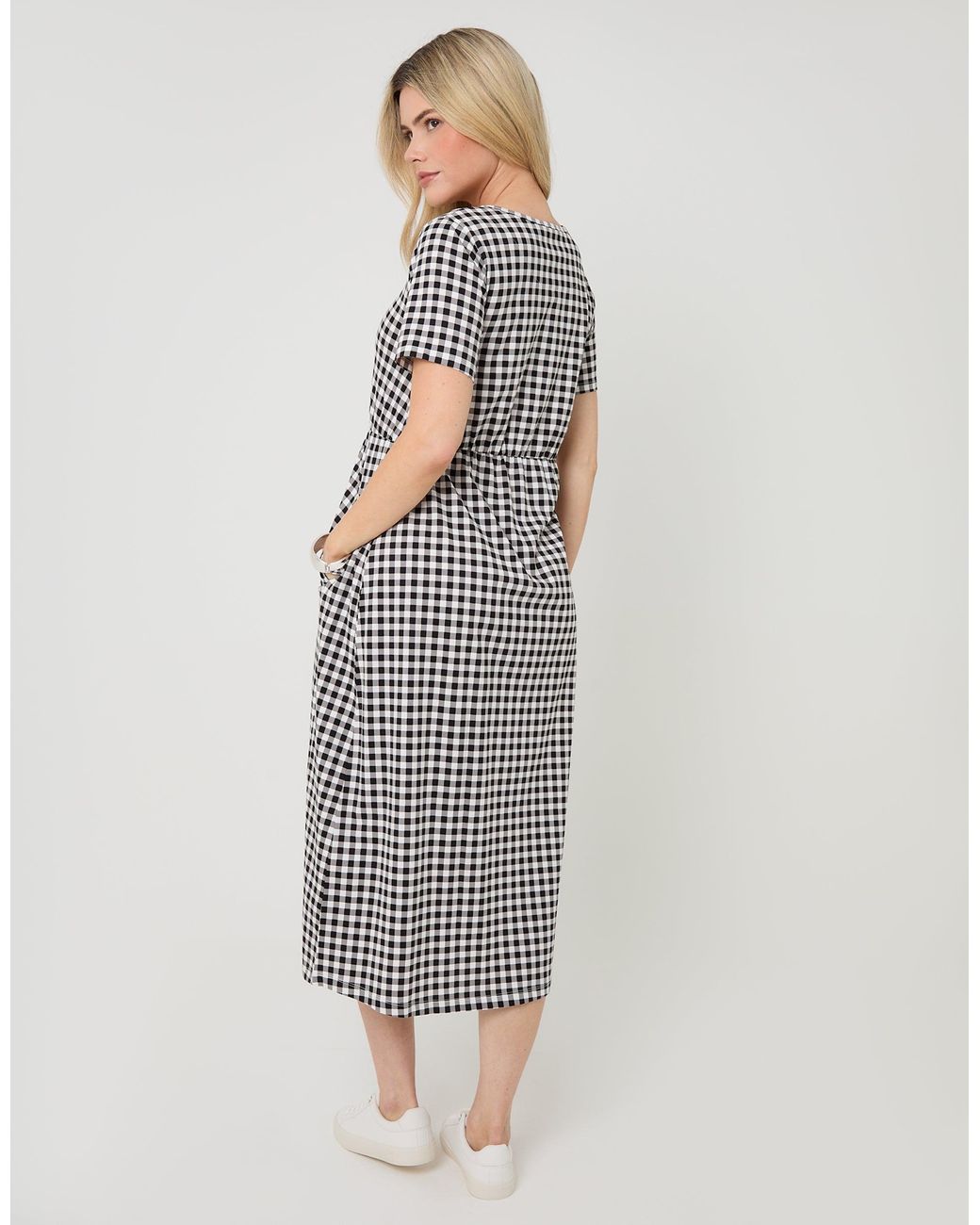Threadbare White Gingham Jersey Midi Smock Dress With Pockets