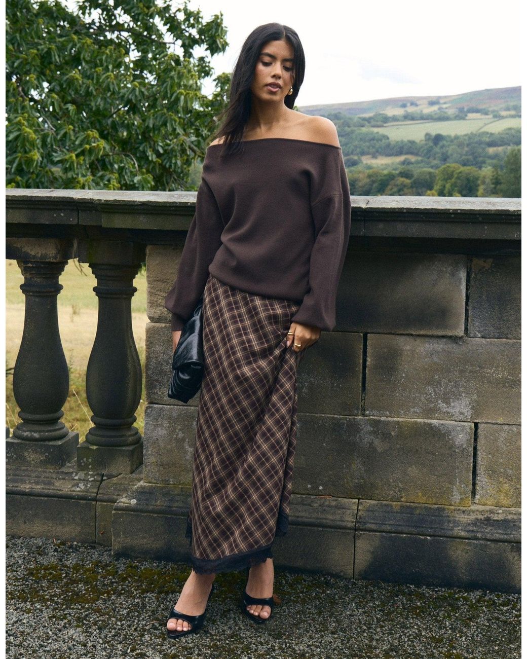 Threadbare Brown Asymmetric Lace Trim Midaxi Skirt
