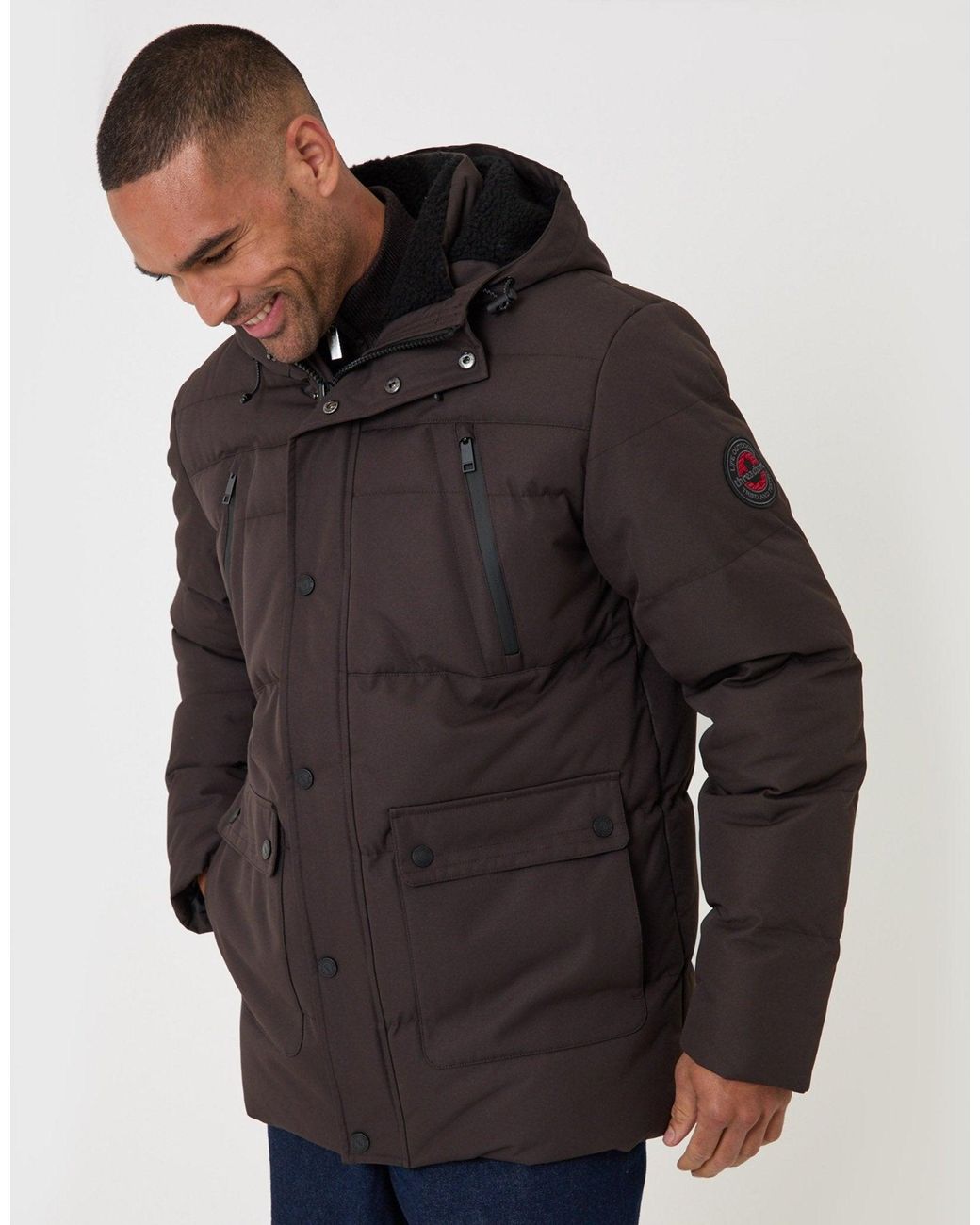 Threadbare Black Showerproof Hooded Puffer Coat With Borg Lined Hood for men
