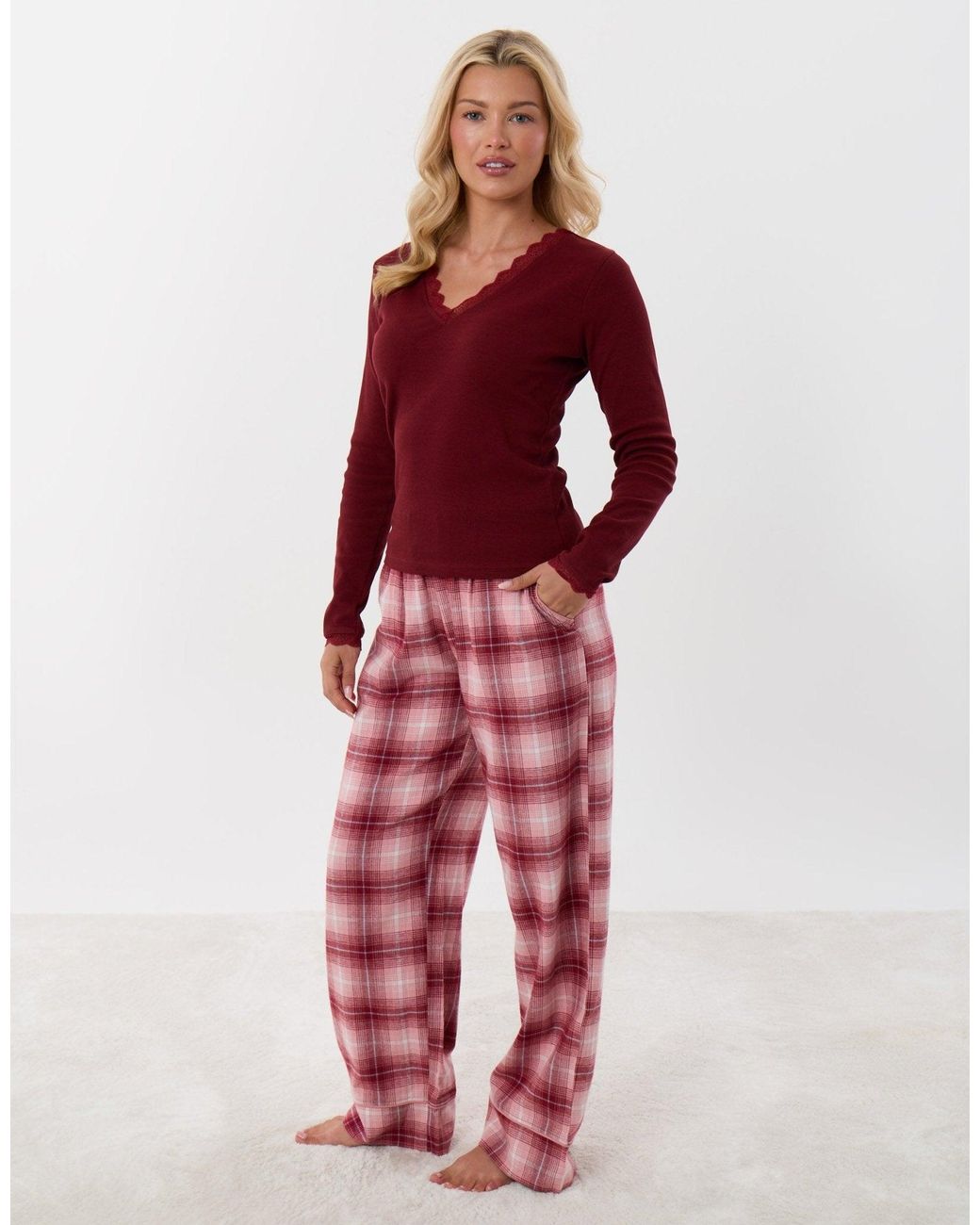 Threadbare Red V Neck Top & Flannel Bottoms Pyjama Set
