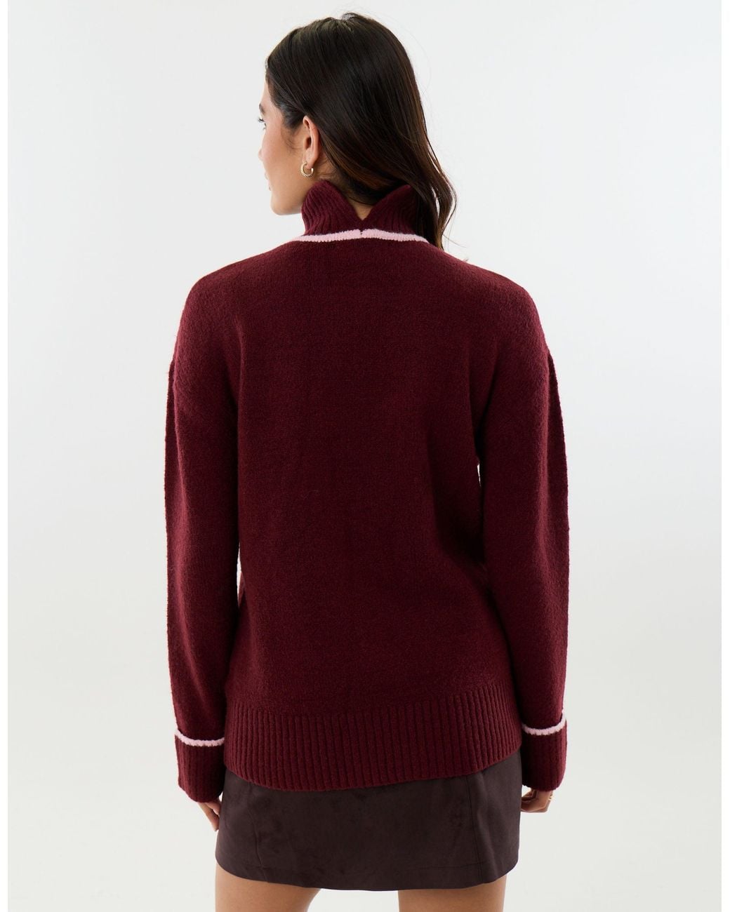 Threadbare Red Relaxed Fit Contrast Trim Funnel Neck Jumper