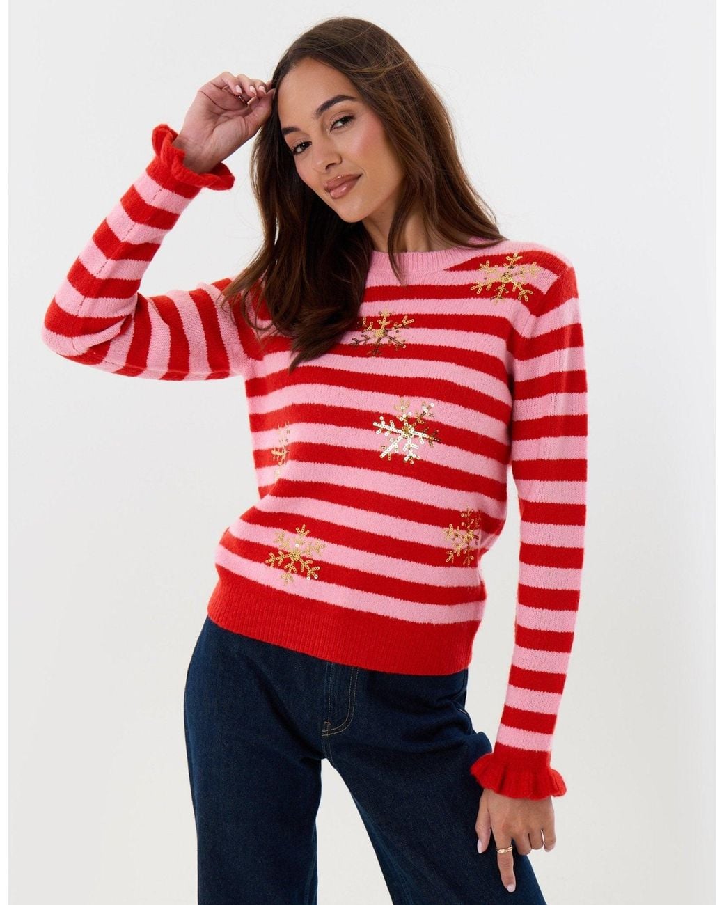 Threadbare Red Sequin Snowflake Christmas Jumper
