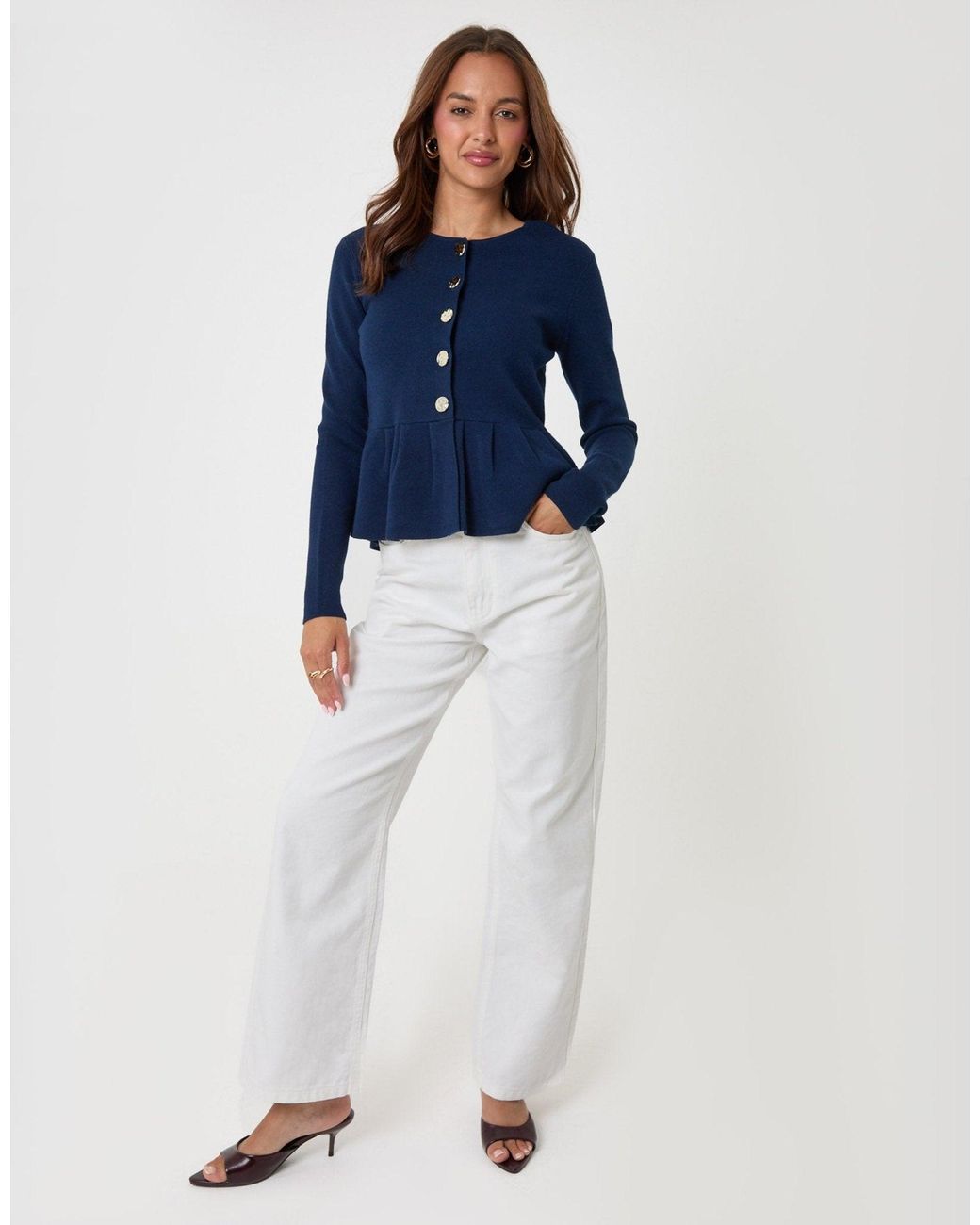 Threadbare Blue Crew Neck Peplum Cardigan