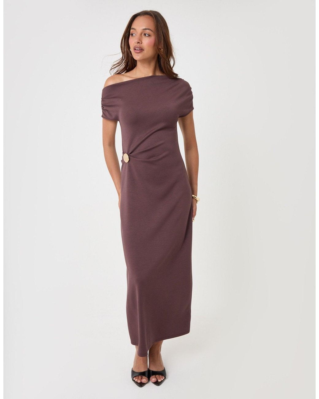Threadbare Purple Off Shoulder Draped Jersey Maxi Dress