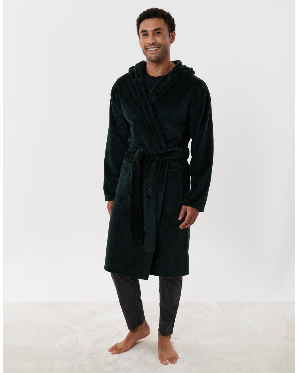 Threadbare Black Hooded Fleece Dressing Gown for men