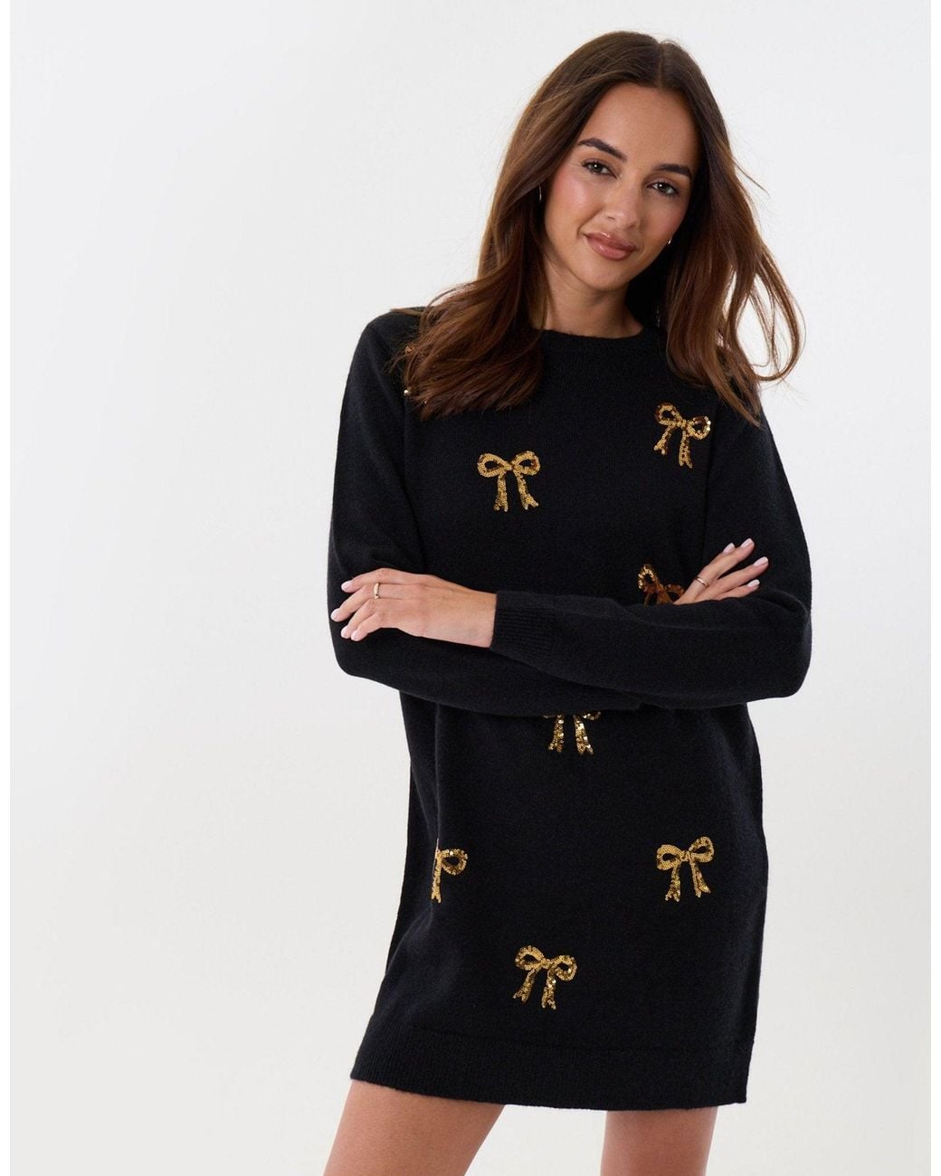 Threadbare Black Bow Embellished Knitted Mini Dress