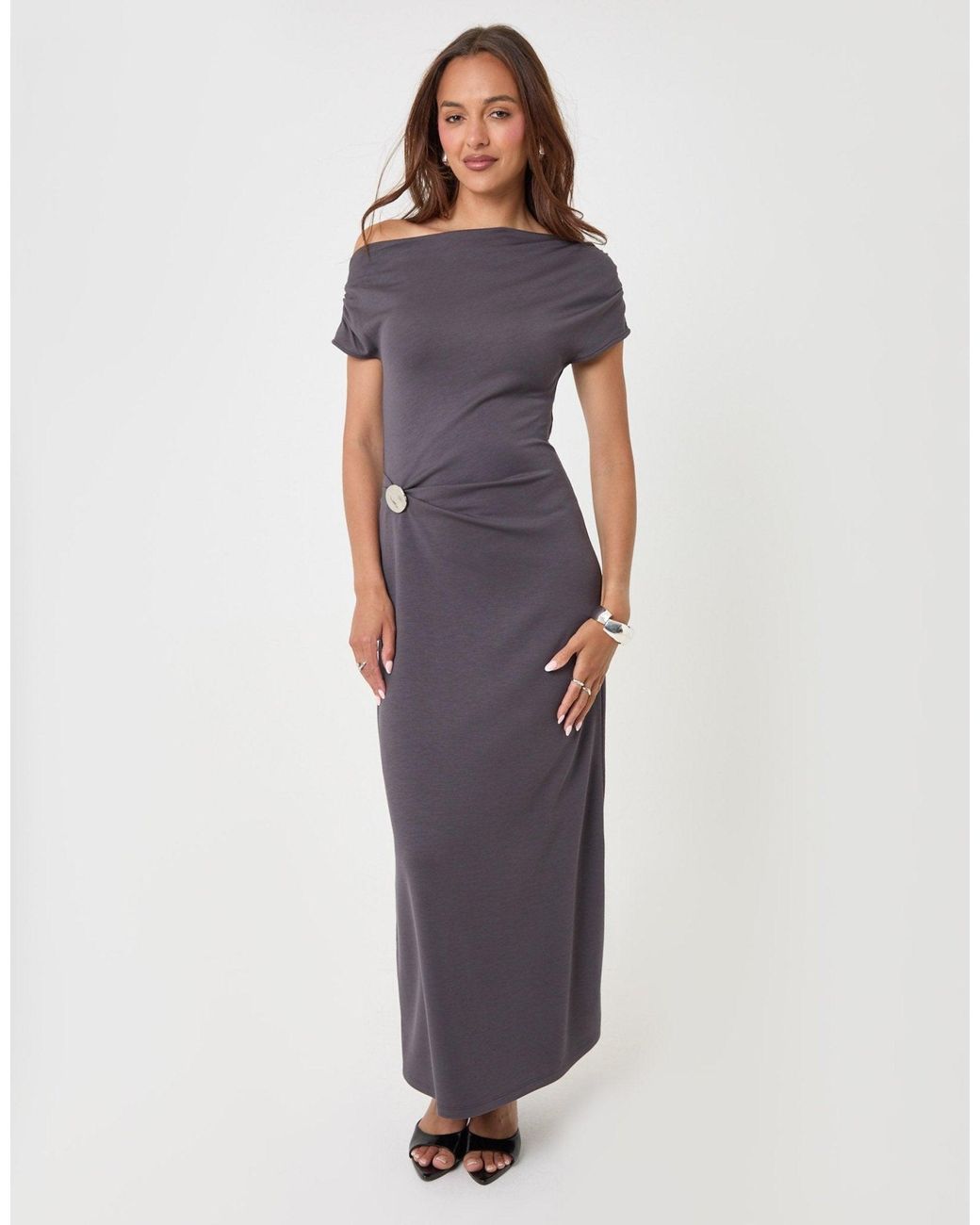 Threadbare Blue Off Shoulder Draped Jersey Maxi Dress