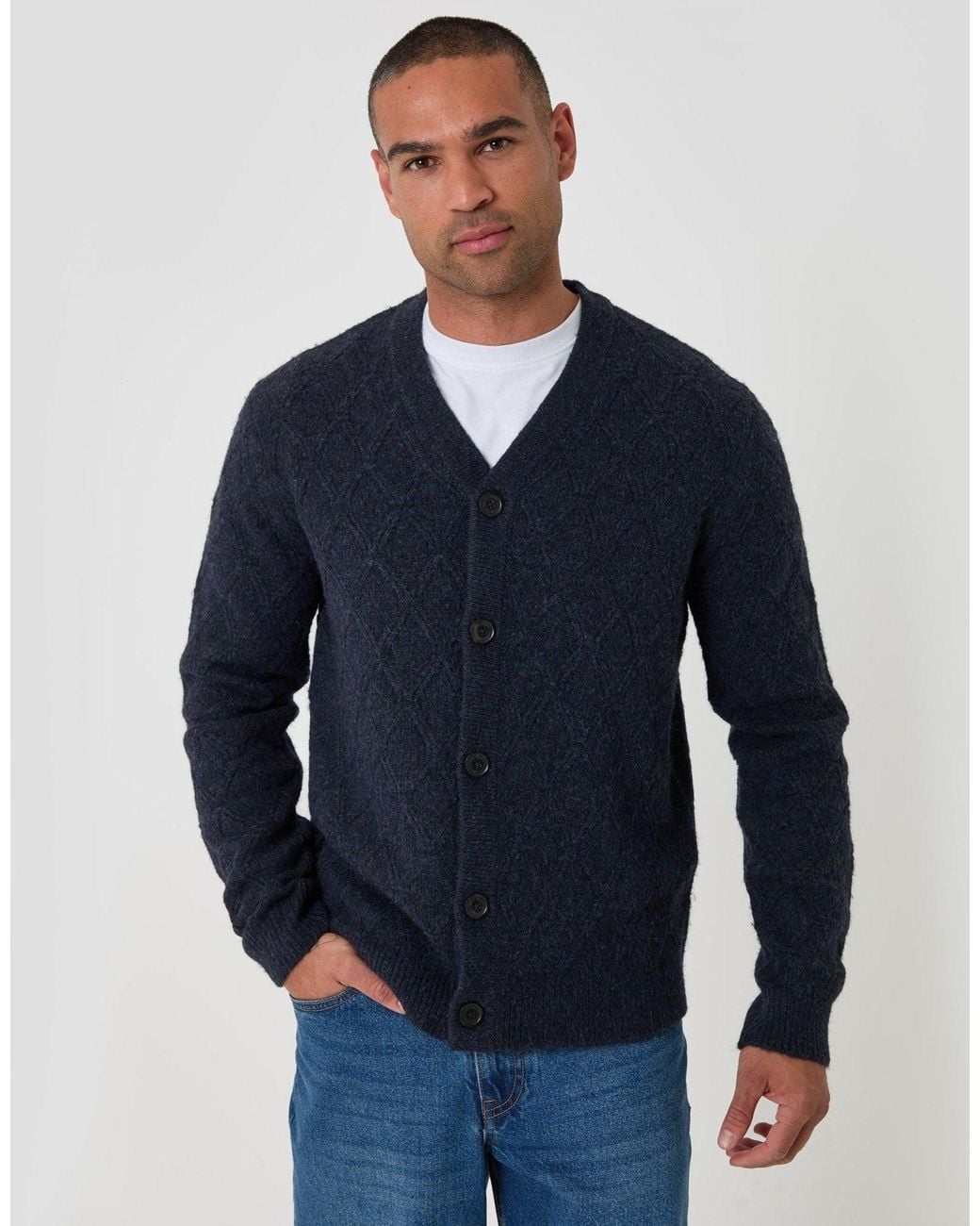 Threadbare Blue Diamond Cable Knit V Neck Cardigan for men