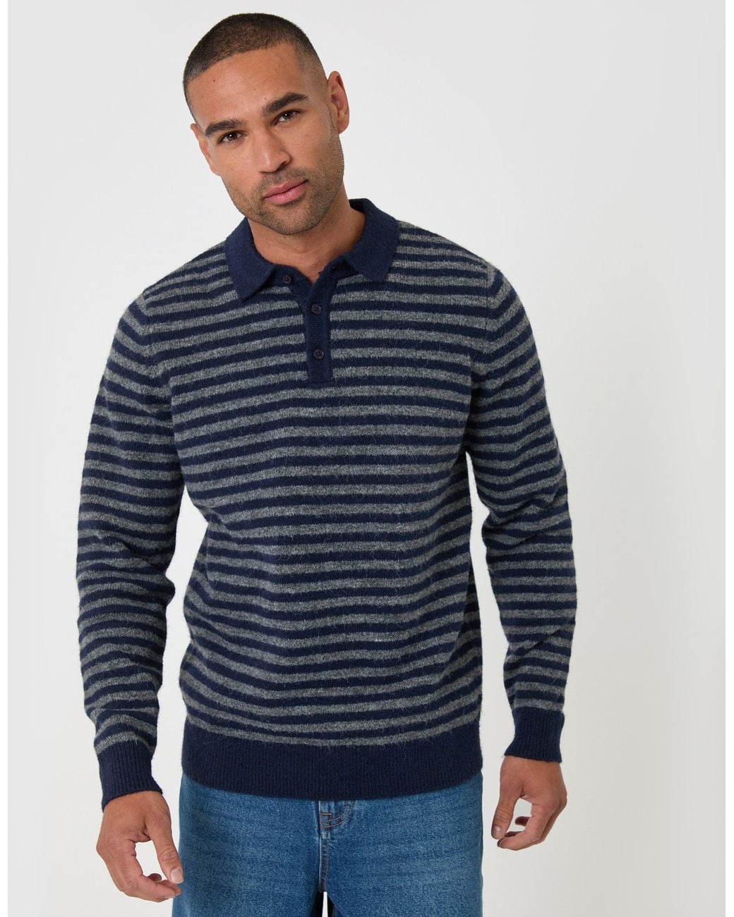 Threadbare Blue Knitted Long Sleeve Polo for men
