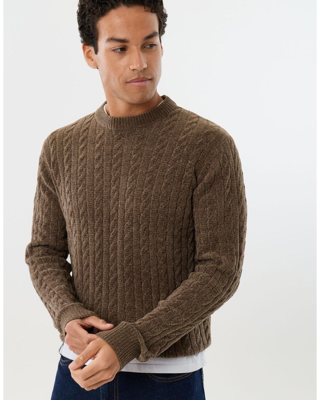 Threadbare Brown Fluffy Cable Knit Crew Neck Jumper for men