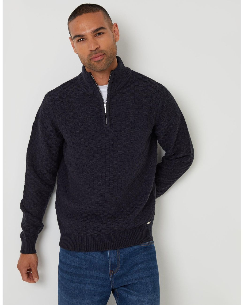 Threadbare Blue Basket Stitch Quarter Zip Jumper for men