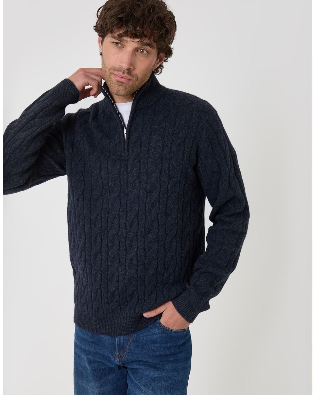 Threadbare Blue Cable Knit Quarter Zip Jumper for men