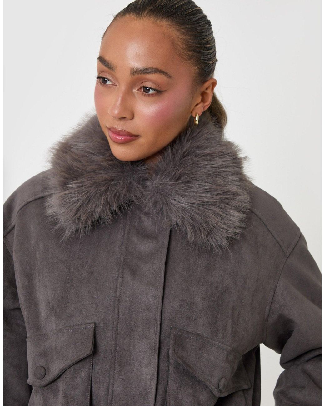 Threadbare Gray Faux Suede Fur Collared Jacket