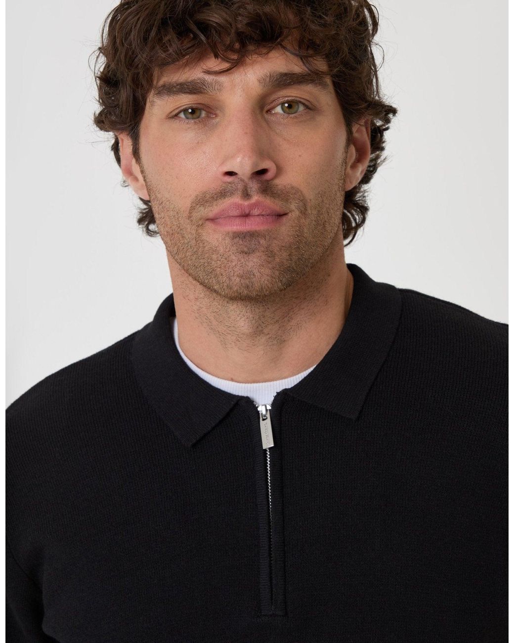 Threadbare Black Cotton Rich Quarter Zip Long Sleeve Polo for men