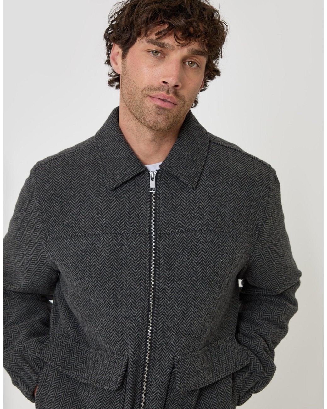 Threadbare Blue Herringbone Faux Wool Collared Jacket for men