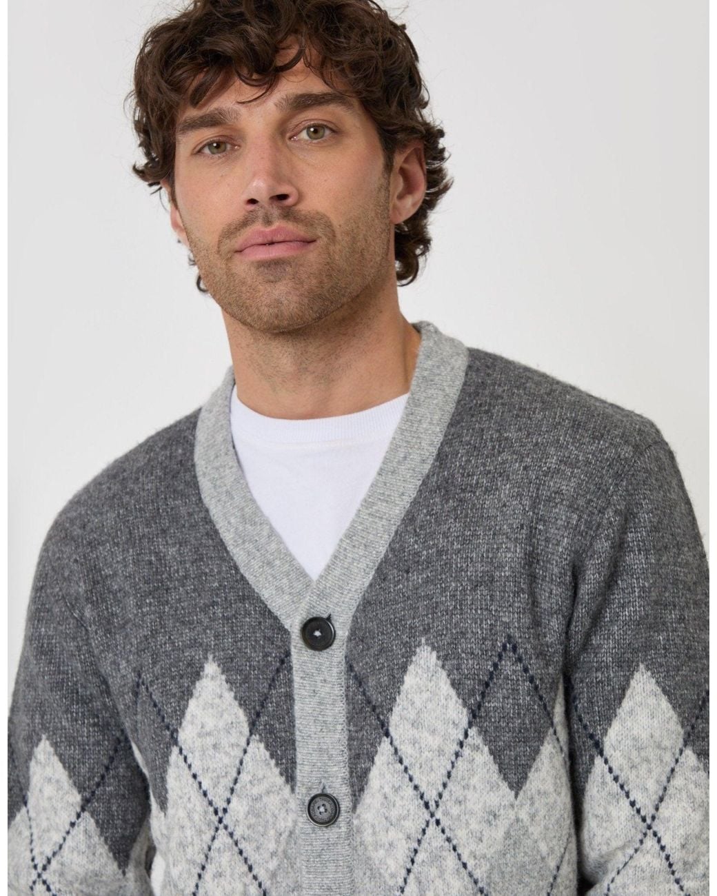 Threadbare Gray Wool Blend Argyle Button Up Cardigan for men