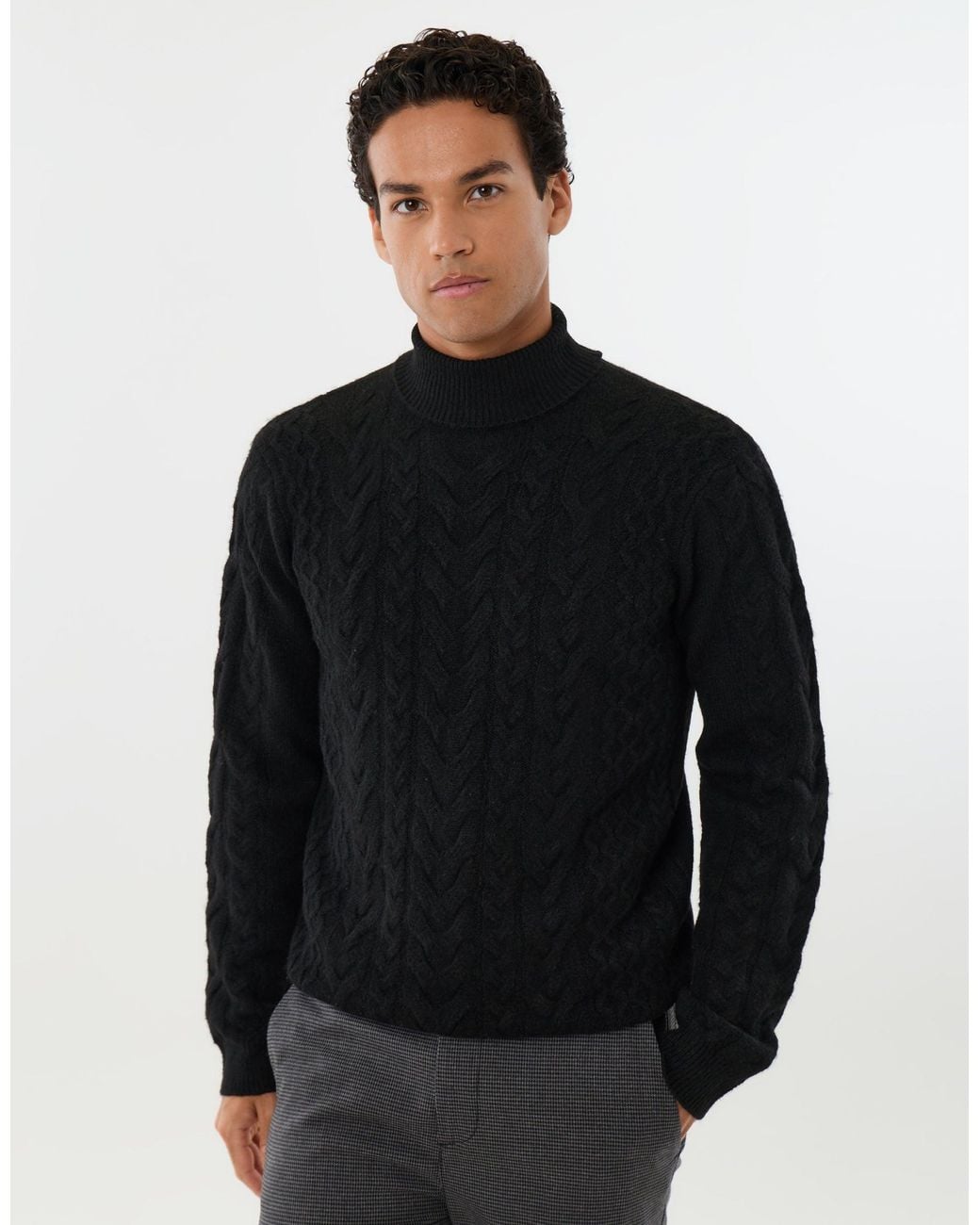 Threadbare Black Cable Knit Roll Neck Jumper for men