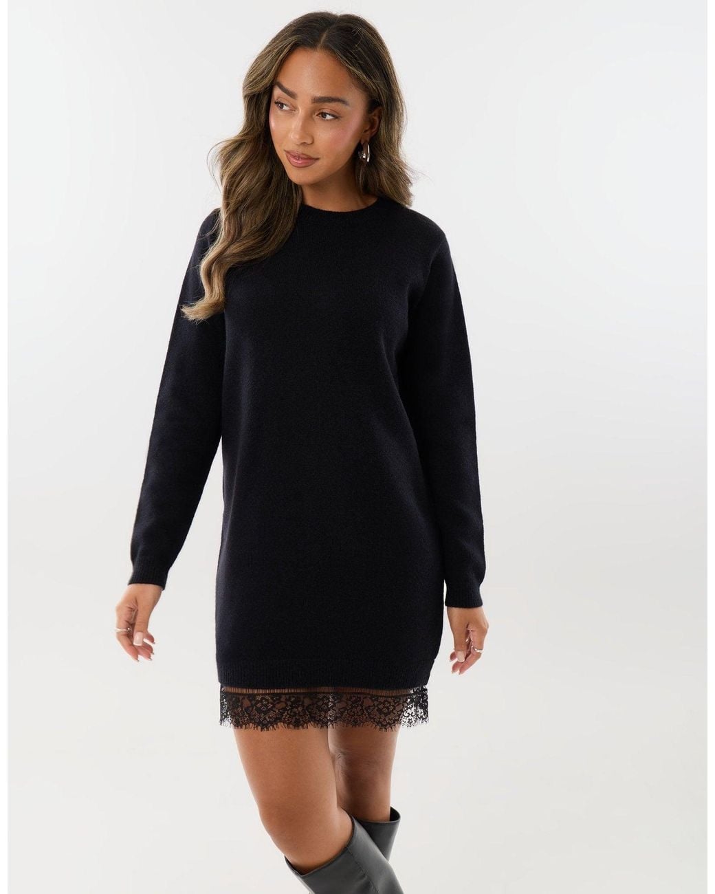 Threadbare Black Lace Trim Hem Mini Jumper Dress