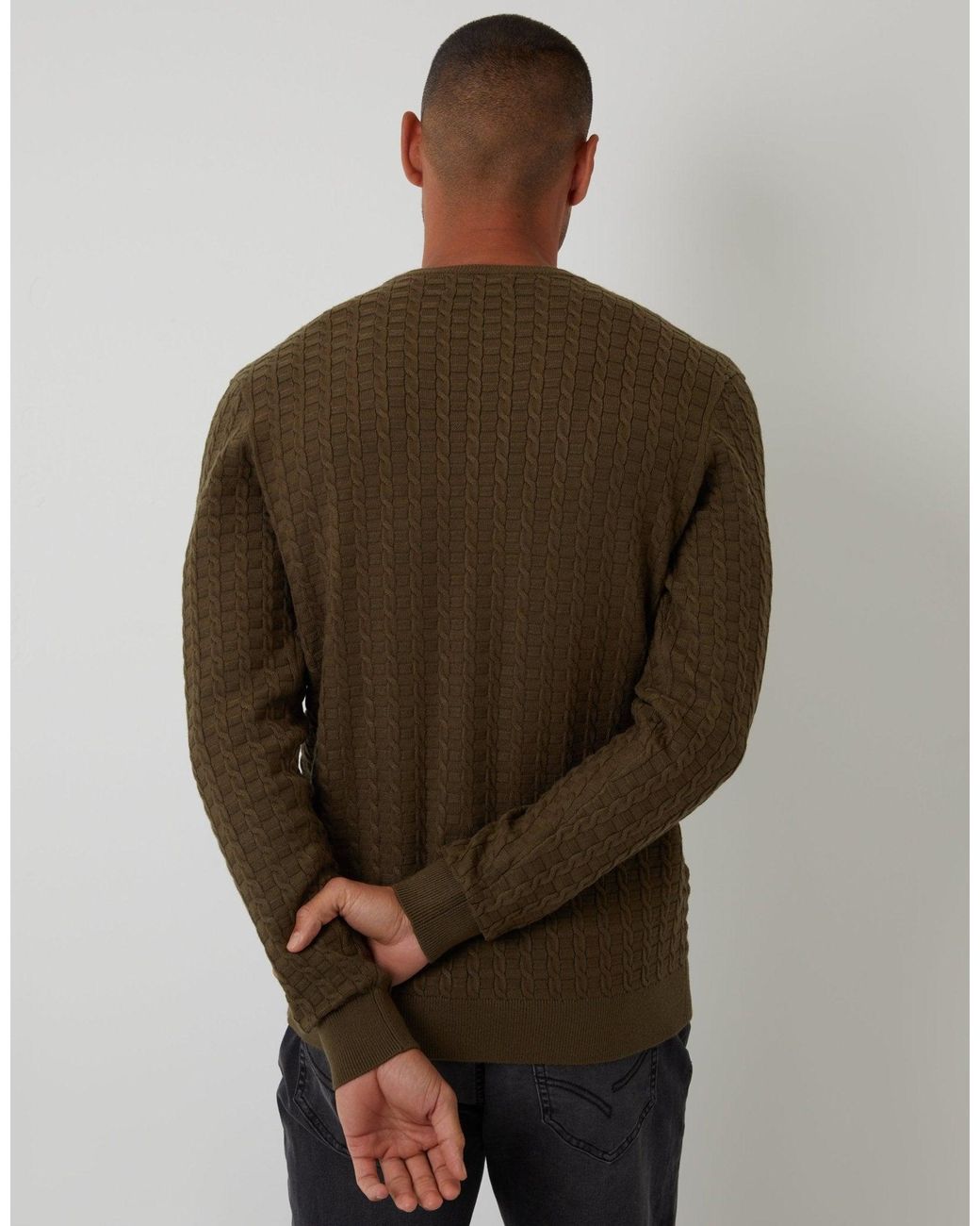 Threadbare Brown Cable Knit Crew Neck Jumper for men