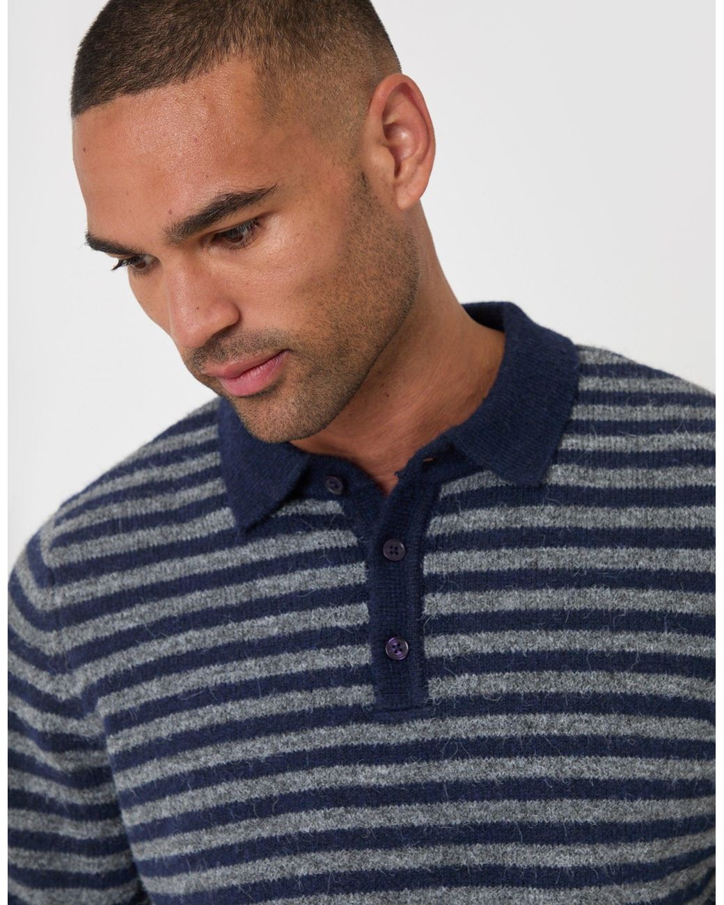Threadbare Blue Knitted Long Sleeve Polo for men