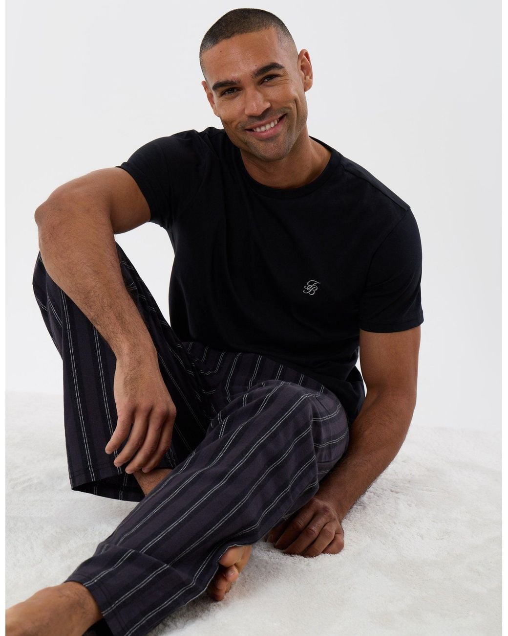 Threadbare Black T-Shirt & Cotton Flannel Trousers Pyjama Set for men