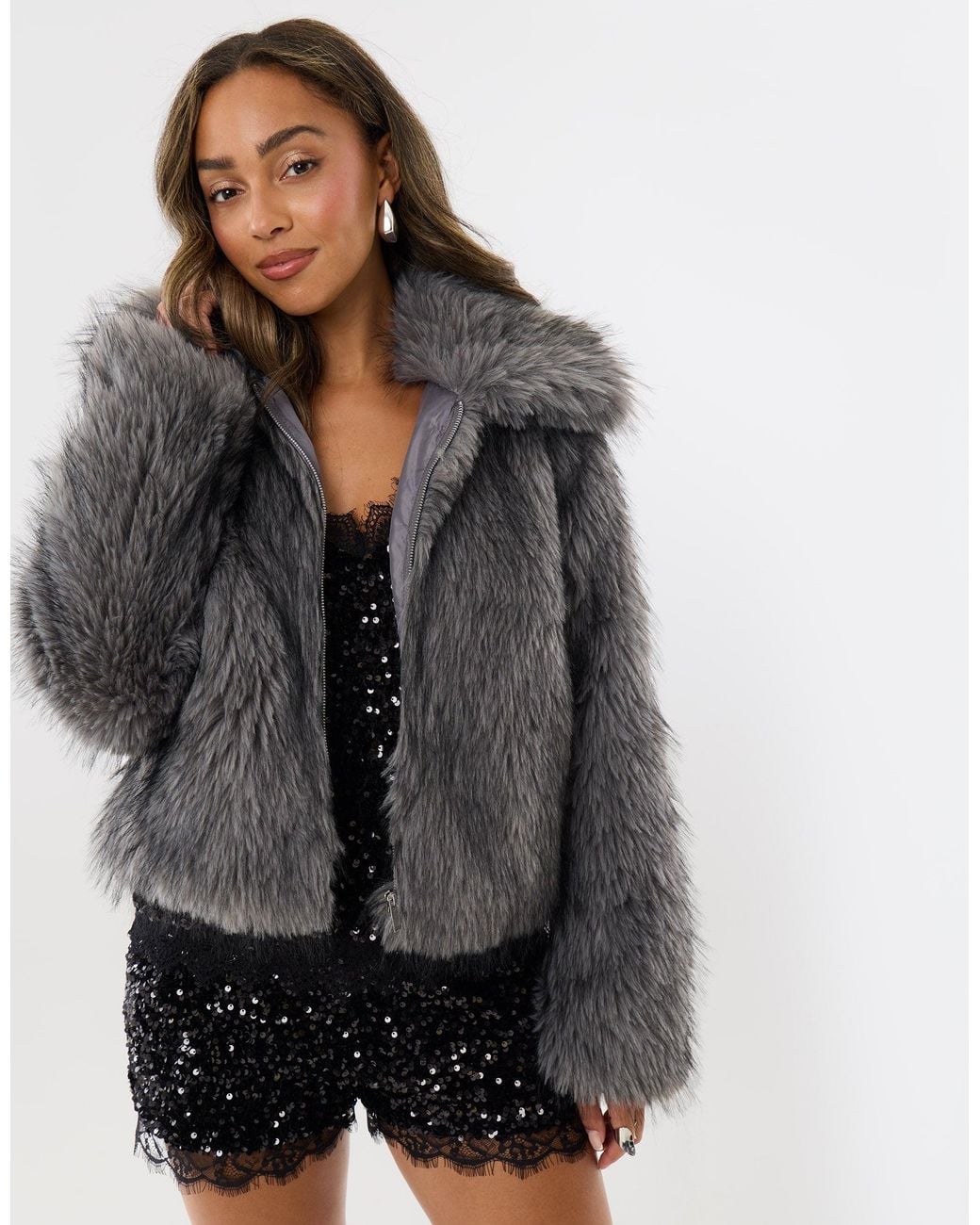 Threadbare Gray Faux Fur Collared Coat