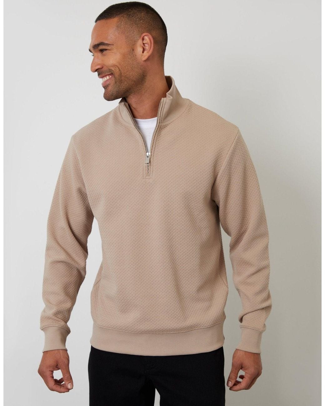 Threadbare Natural Textured Quarter Zip Sweatshirt for men
