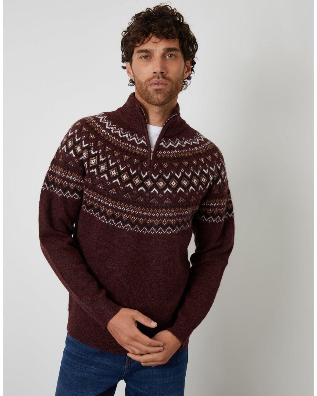 Threadbare Purple Fairisle Quarter Zip Knitted Jumper for men