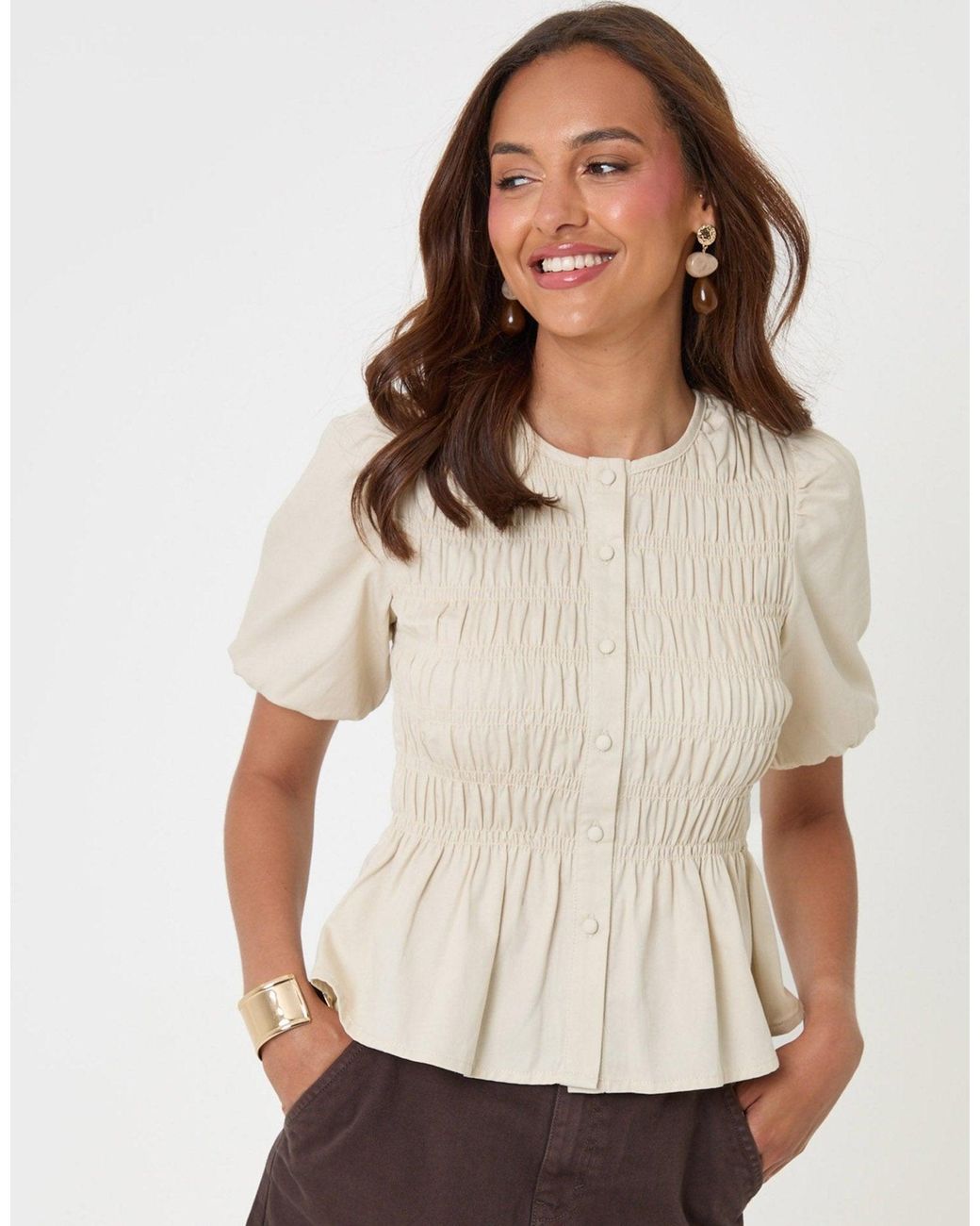 Threadbare Natural Denim Short Sleeve Smock Blouse