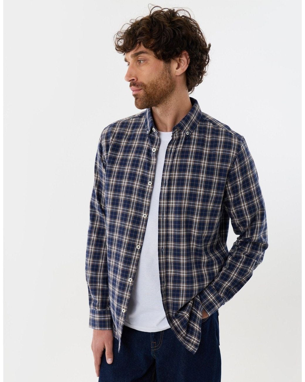 Threadbare Blue Brushed Flannel Long Sleeve Shirt for men