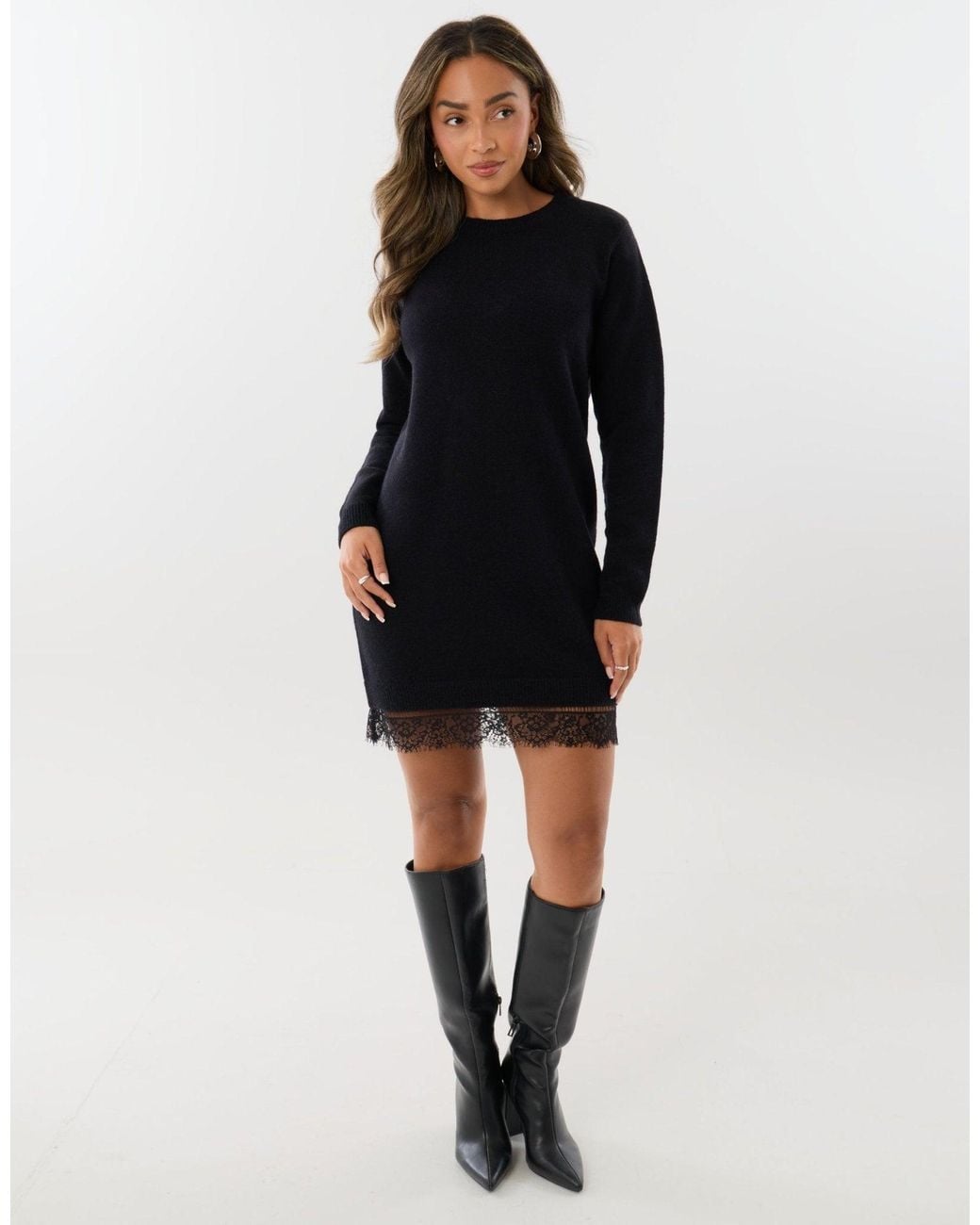 Threadbare Black Lace Trim Hem Mini Jumper Dress