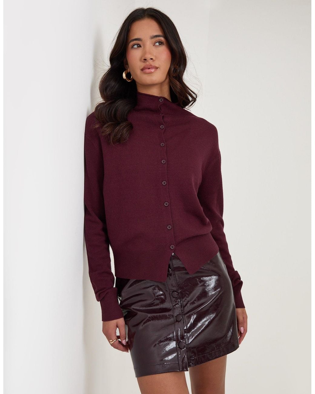 Threadbare Red Compact Knit Funnel Neck Cardigan