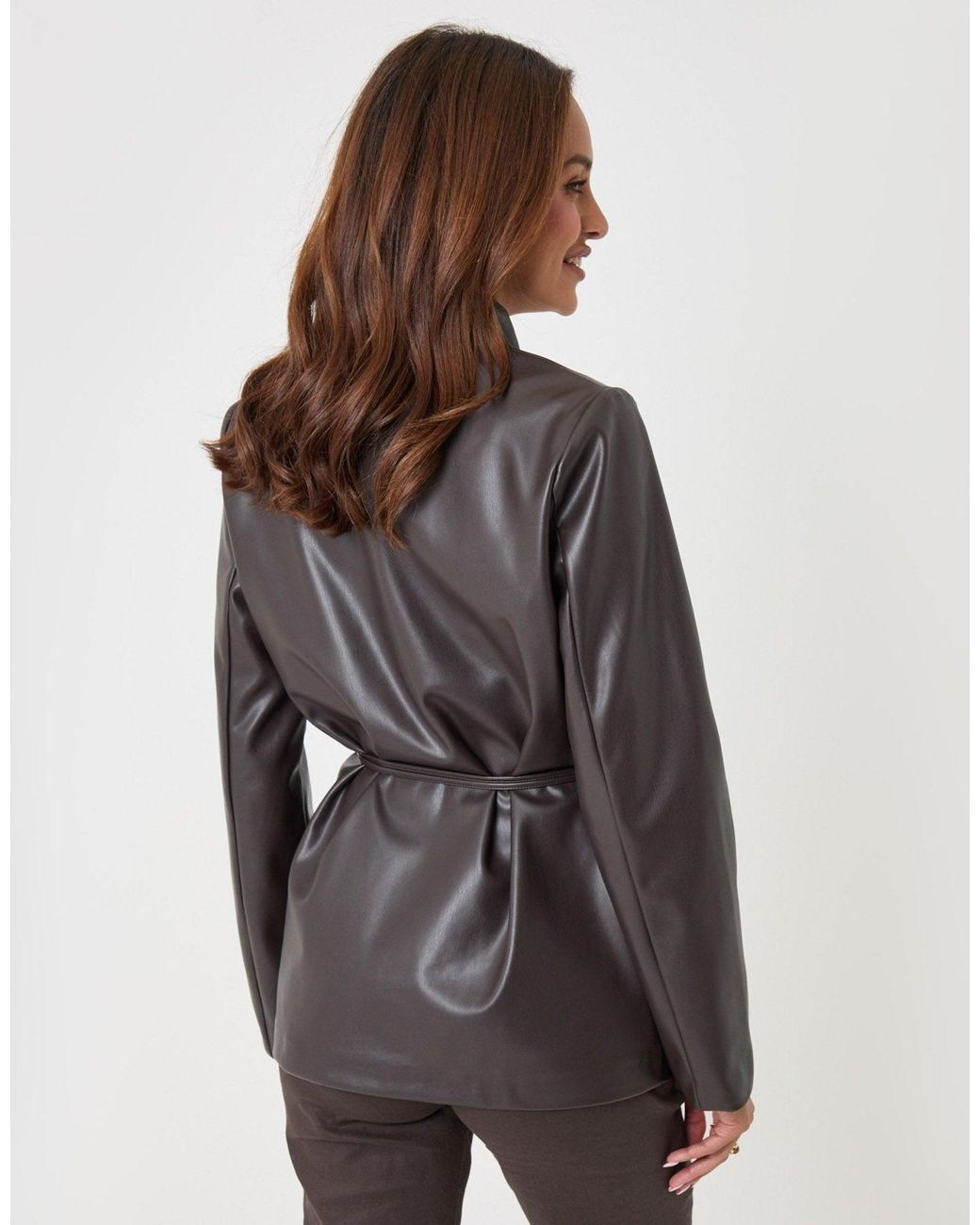 Threadbare Brown Faux Leather Belted Blazer