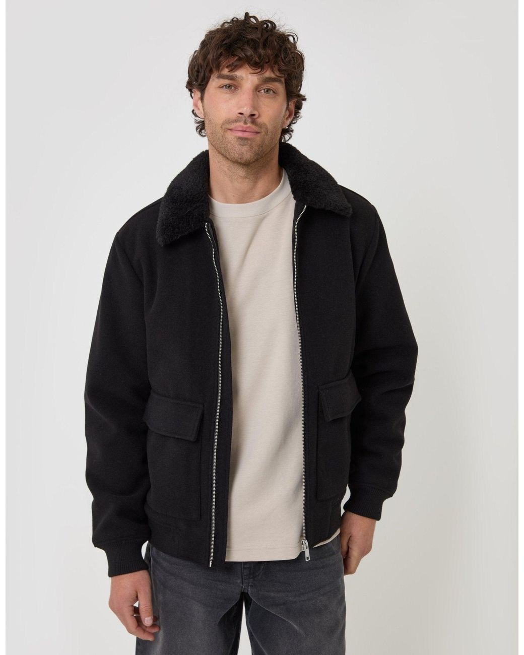 Threadbare Black Lightweight Jacket With Faux Fur Collar for men