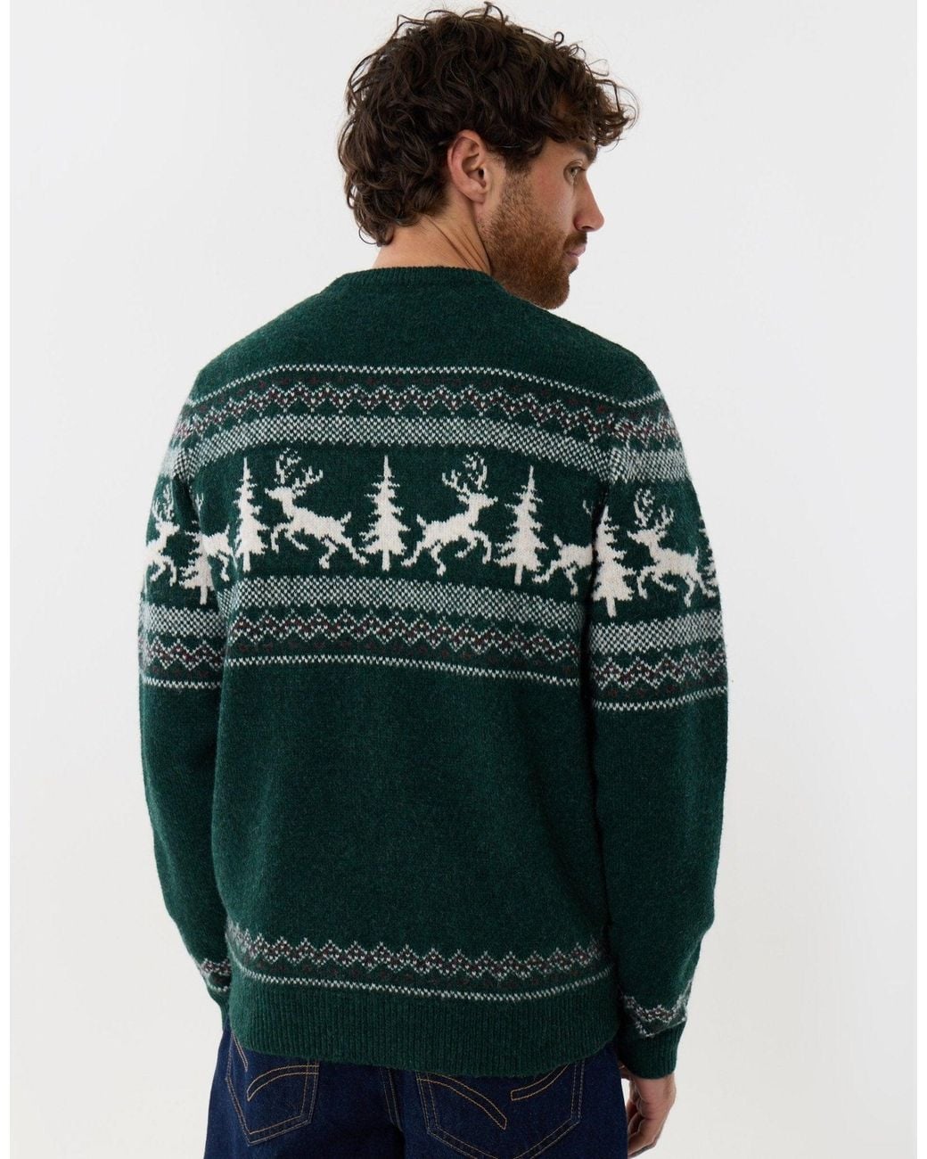 Threadbare Green Reindeer Forest Fairisle Christmas Jumper for men