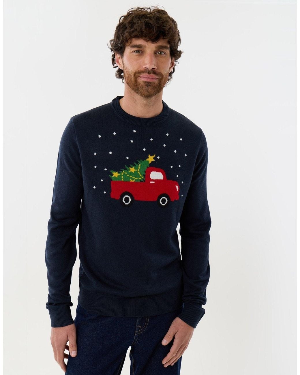 Threadbare Blue Christmas Truck Knitted Crew Neck Jumper for men